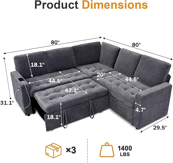 WEUP 5 Seat L Shaped Sectional Sleeper Sofa Bed with Pull Out Bed, Chenille Sectional Sleeper Couch with Adjustable Backrest, USB Ports & Storage Seat, Tool-Free Assembly, Chenille Dark Grey