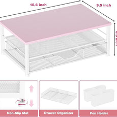 OPNICE Desk Organizers and Accessories, 2-Tier Computer Monitor Stand Riser with Drawer and 2 Pen Holders, Laptop Stand, Office Desk Accessories for Office Supplies, Pink Wood