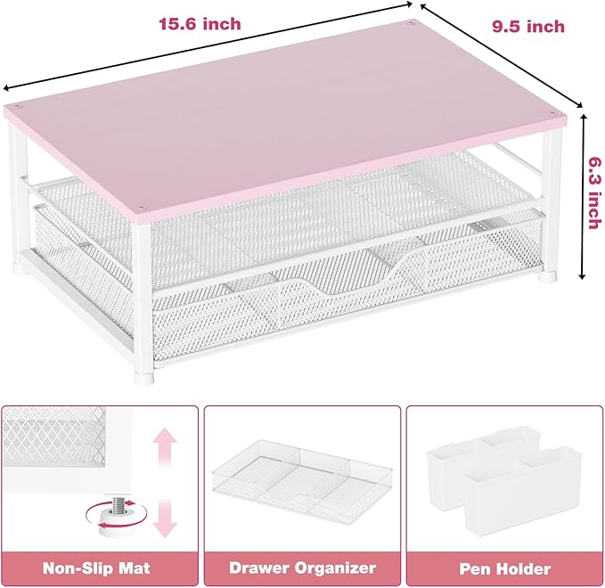 OPNICE Desk Organizers and Accessories, 2-Tier Computer Monitor Stand Riser with Drawer and 2 Pen Holders, Laptop Stand, Office Desk Accessories for Office Supplies, Pink Wood