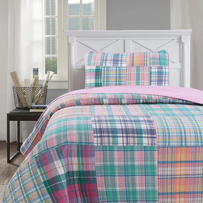 Cozy Line Home Fashions 100% Cotton Real Patchwork Pink Blue Green Reversible Quilt Bedding Set, Bedspread, Coverlet (Pink Plaid, Twin - 2 Piece)