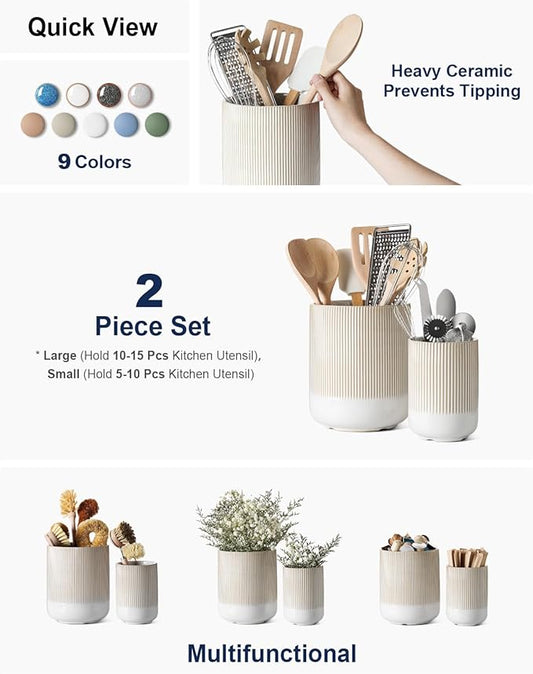 LE TAUCI Utensil Holder, 7.3"+5.4" Ceramic Kitchen Utensil Holder for Countertop, Large Cooking Utensil Crocks Gift for Mom, Boho Farmhouse Kitchen Decor, Set of 2, Reactive Glaze Arctic White