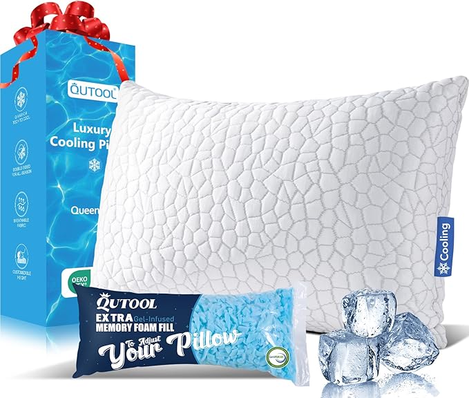 QUTOOL Cooling Pillow for Sleeping Shredded Memory Foam CertiPUR-US Certified, Soft and Supportive Adjustable Pillow for Side, Back, Stomach Sleeper, Hot Sleeper Solution for Boy Girls