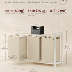 VASAGLE Laundry Hamper, Laundry Basket Sorter with 3 Pull-Out and Removable Bags, Shelf, Metal Frame, 3 x 10.6 Gallons (40 L), 36.4 x 13 x 28.4 Inches, Cappuccino Beige and Natural Beige UBLH301LH01