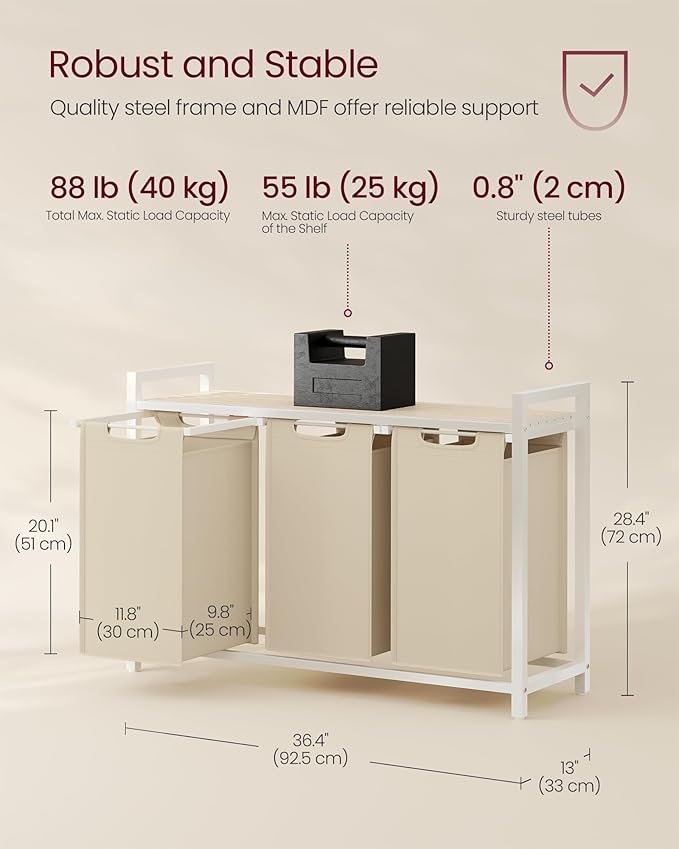 VASAGLE Laundry Hamper, Laundry Basket Sorter with 3 Pull-Out and Removable Bags, Shelf, Metal Frame, 3 x 10.6 Gallons (40 L), 36.4 x 13 x 28.4 Inches, Cappuccino Beige and Natural Beige UBLH301LH01