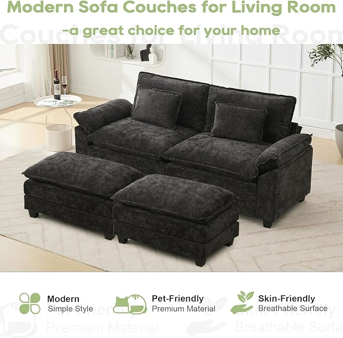 86" Modular Sectional Sofa, Comfy Cloud Couch Sectional Sofa with Ottoman, Chenille Sofa Sleeper Deep Seat Sofa with Throw Pillows for Living Room (Black)