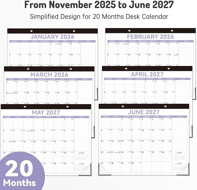 Forvencer Desk Calendar 2026, 20 Months Calendar, Nov. 2025-Jun. 2027, 14" x 11" Wall Calendar 2026 Monthly Planner with Plastic Cover & Stickers & Thick Paper for Office Home School Supplies