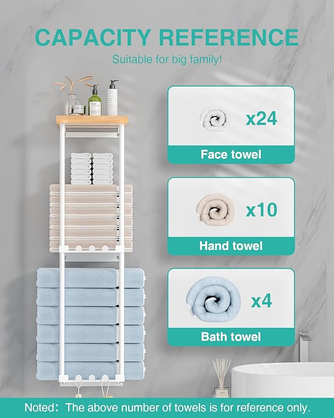 HapiRm Towel Racks for Bathroom Storage - Wall Mounted Towel Holder with Shelf, Rolled Towel Storage Bath Towel Organizer for Small Bathroom, Camper, Rv - White