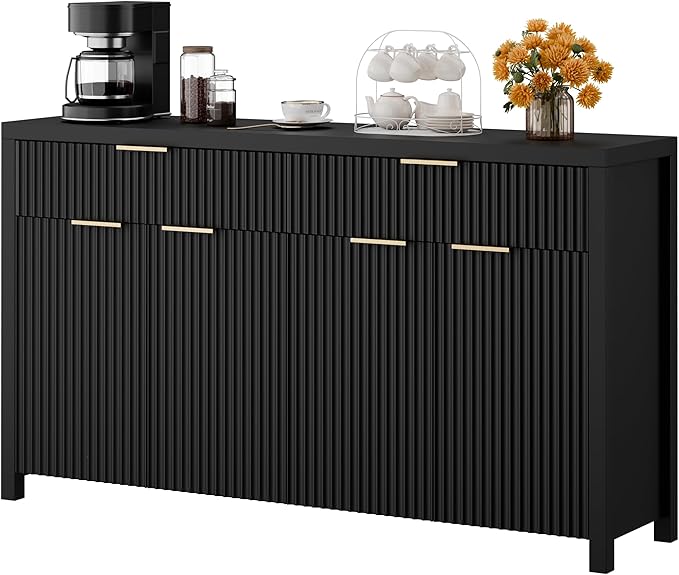 Lulive Black Fluted Buffet Cabinet with Storage 55 inch Wood Large Sideboard with Adjustable Shelves for Entryway Kitchen Living Room