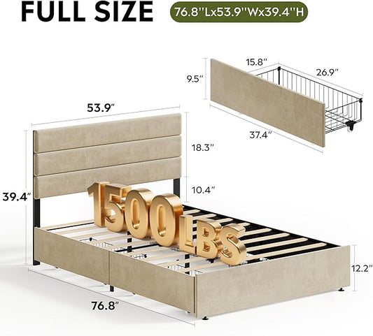 WLIVE Full Size Upholstered Bed Frame with 4 Storage Drawers and Headboard, Velvet Platform Bedframe, Sturdy Metal & Wooden Slats Support, No Box Spring Needed, Easy Assembly, Beige
