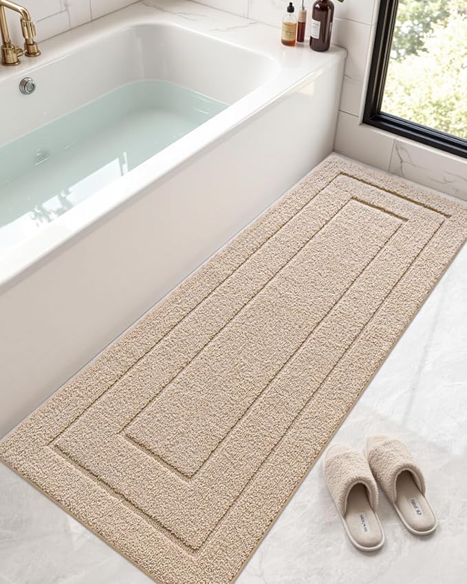 DEXI Bathroom Rug 60x24, Non Slip Washable Bath Mat Runner for Shower Floor, Extra Long Absorbent Soft Bathmat with Rubber Backing, Quick Dry Microfiber Carpet, Beige