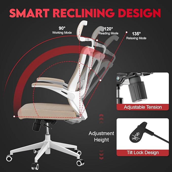 Ergonomic Office Chair - 400LB Comfy Desk Chairs with Adjustable Headrest and Lumbar Back Support, Mesh Computer Chairs with Wheels and Arms for Home Office, Study (669khaki-With Headrest)