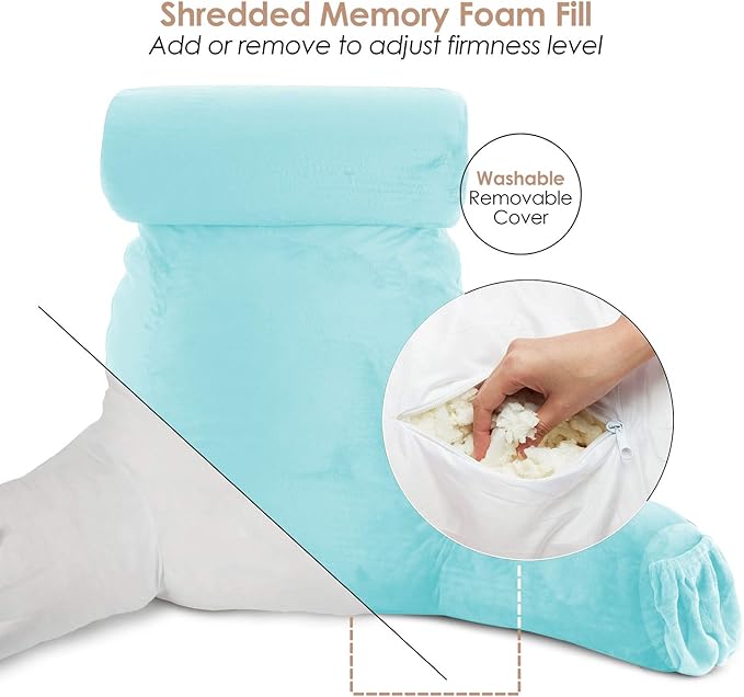 Nestl Reading Pillow with Shredded Memory Foam Includes 2 Neck and Lumber Support Pillows, Designed for Sitting Up in Bed and Couch, Back and Arms Adjustable Support for Adult & Teens, Light Blue