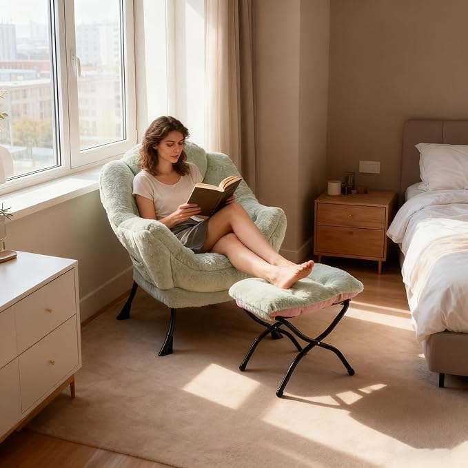 HollyHOME Lazy Chair with Foldable Ottoman, Accent Comfy Lounge Armchair and Folding Footrest Stool, Leisure Sofa Reading Chair and Footstool for Living Room, Bedroom, Dorm,Faux Fur Pea Green