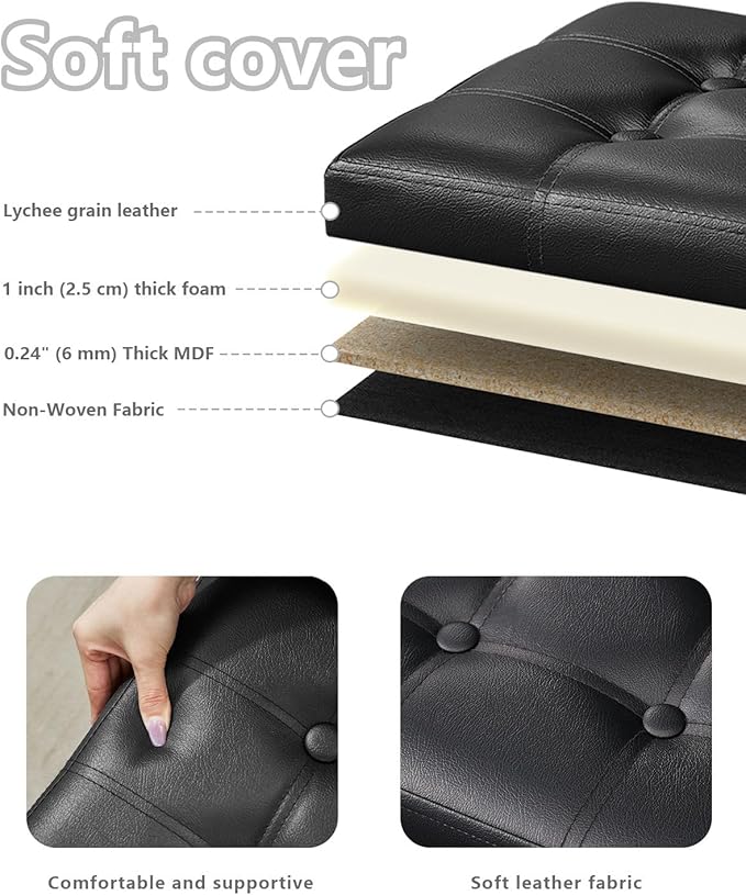 2PC Storage Ottoman, Folding Foot Stool with Thicker Foam Padded Seat Small Leather Storage Ottoman Bench Foot Rest for Living Room Foldable Coffee Table 17x13x13in,Black