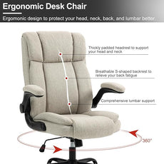 Office Chair High Back Ergonomic Executive Computer Desk Chair Comfortable Fabric Padded Home Office Desk Chairs with Flip-up Arm Rest Adjustable Height Swivel Wheels (Beige)
