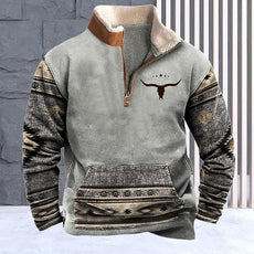 Western Sweatshirts for Men Aztec Cowboy Vintage Graphic Fleece Hoodie Mens Quarter Zip Pullover Country Jacket