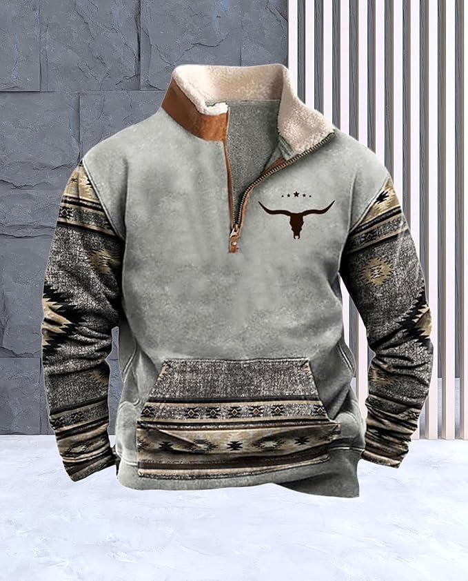 Western Sweatshirts for Men Aztec Cowboy Vintage Graphic Fleece Hoodie Mens Quarter Zip Pullover Country Jacket