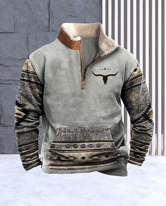 Western Sweatshirts for Men Aztec Cowboy Vintage Graphic Fleece Hoodie Mens Quarter Zip Pullover Country Jacket