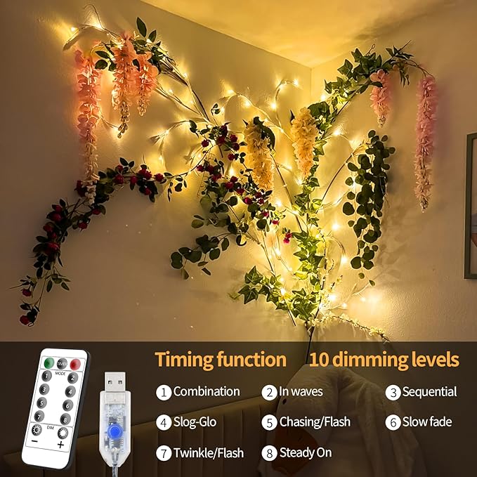Enchanted Willow Vine Lights, 7.55FT 144LED 1 PCS White Tree Branch Lights for Wall, Remote Timer,8 Light Model,Bedroom Wall Doors Wedding, Christmas, USB Battery Box