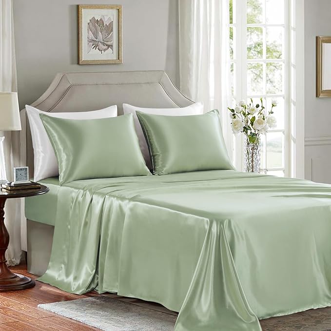 Satin Sheets California King Size - 4 Pieces Luxury Silky Soft Bed Sheets, Wrinkle-Free Sage Green Satin Silk Sheet Set with 1 Deep Pocket Fitted Sheet, 1 Flat Sheet, 2 Pillow Cases