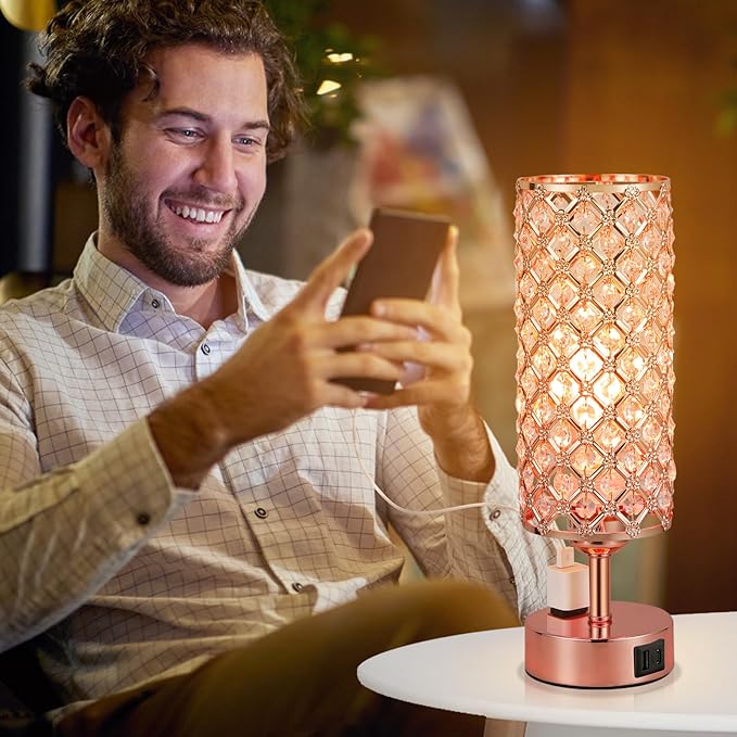 Hong-in Crystal Table Lamp, Rose Gold Bedroom Lamp with USB C+A Ports & AC Outlet, 3 Way Dimmable Light with Crystal Lampshade, Bedside Lamp Touch Light for Living Room, Charge Phone (Bulb Included)
