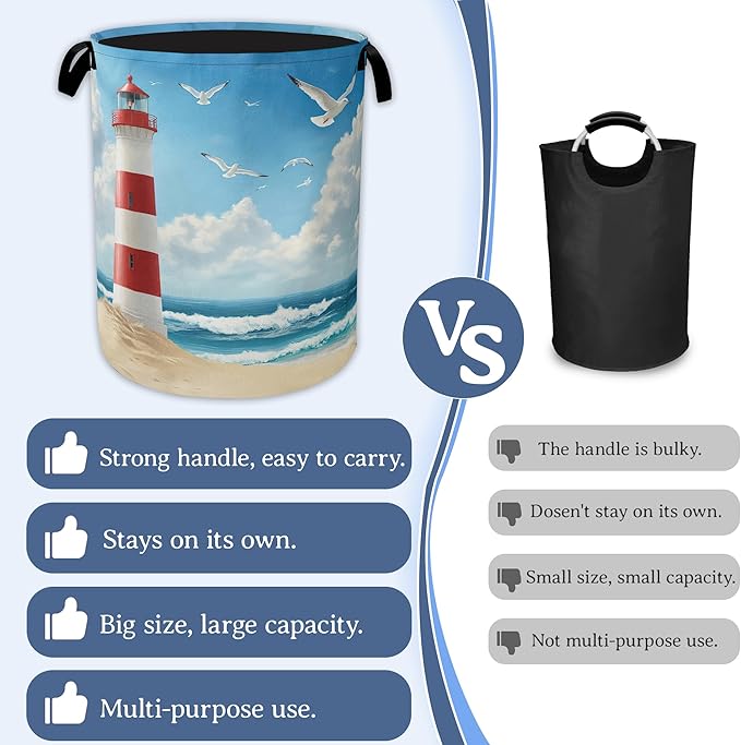 Lighthouse On The Beach Laundry Basket,Foldable Oxford Cloth Laundry Hamper With Handle, 20.8"x16" Portable Clothes Storage Basket Bag for Laundry Room/Bathroom/Bedroom/Dormitories
