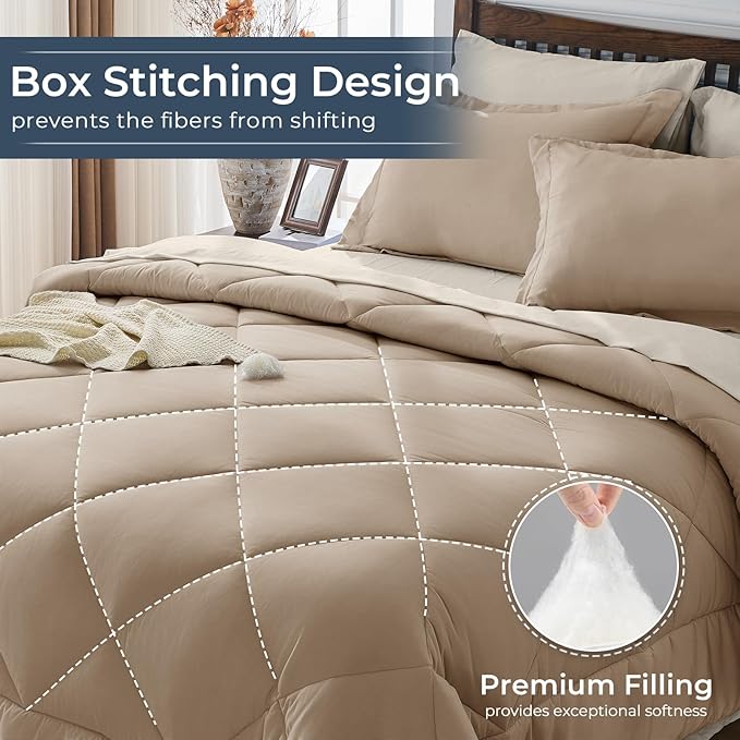 HEVUMYI Khaki & Linen King Comforter Set - 7-Piece All Season Bed in a Bag King, Ultra Soft Bedding Set with Comforter, Flat Sheet, Fitted Sheet, Pillowcases, Pillow Shams