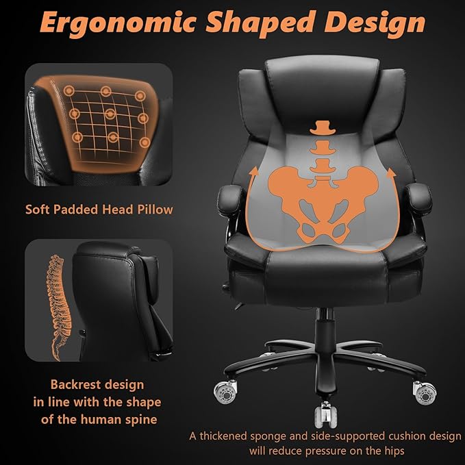 500lbs Big and Tall Office Chair with Dual Rubber Wheel, Heavy Duty Office Chair for Low Back Pain Relief, Large Executive Desk Chair with Adjustable Lumbar Support