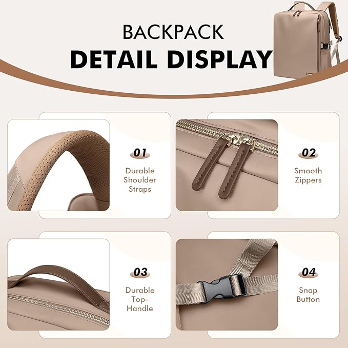 GOLF SUPAGS Stylish Laptop Backpack for Women Airline Approved Perfect for Work College and Travel Multi-Functional Casual Daypack Fits 17.3 Inch Notebook (Champagne)