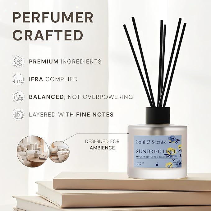 Soul & Scents Reed Diffuser Set – Sundried Linen | 7.43 oz Refillable Scented Oil with 6 Fiber Sticks | Long-Lasting Home Fragrance & Air Freshener for Bedroom, Bathroom, Office | Gift & Décor Piece