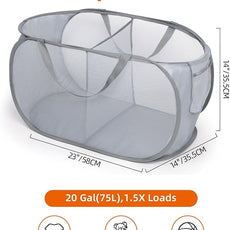 Sturdy Collapsible Laundry Baskets, Foldable Pop Up Laundry Hamper, Durable 2 Compartments Laundry Basket, Handy Pocket & Easy to Sort Clothes Hampers for Laundry, Dorm, Kids Room, Travel Grey