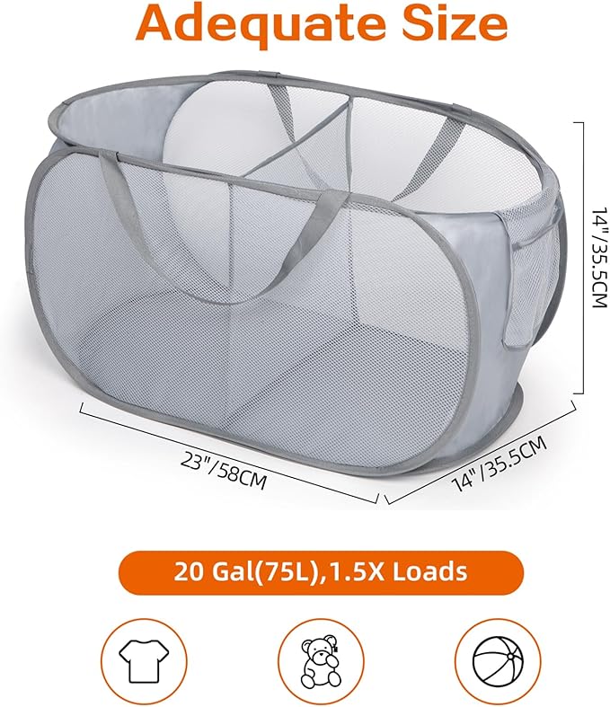 Sturdy Collapsible Laundry Baskets, Foldable Pop Up Laundry Hamper, Durable 2 Compartments Laundry Basket, Handy Pocket & Easy to Sort Clothes Hampers for Laundry, Dorm, Kids Room, Travel Grey