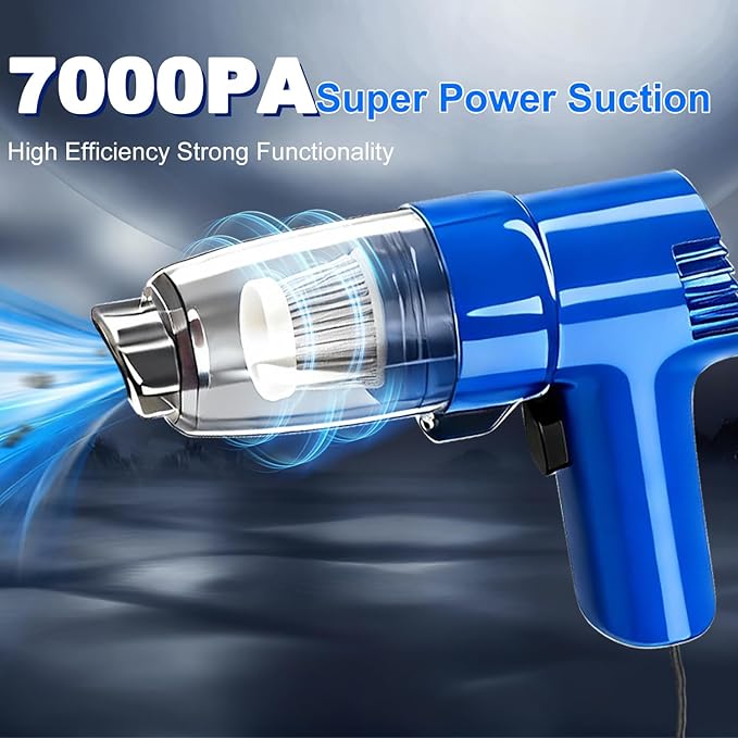 Car Mounted Vacuum Cleaner - 7000PA High-Power Suction, Dry & Wet Dual-Purpose, Portable Mini Handheld Vacuum with LED Light & Attachments, Ideal for Car Interior, Pet Hair, Dust & Debris (Blue)
