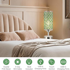 Hong-in Green Crystal Table Lamp - 3-Way Dimmable Touch Control, Bedside Lamp with USB C and A Ports, Nightstand Light for Living Room, Bedroom, Home Office (Bulb Included)
