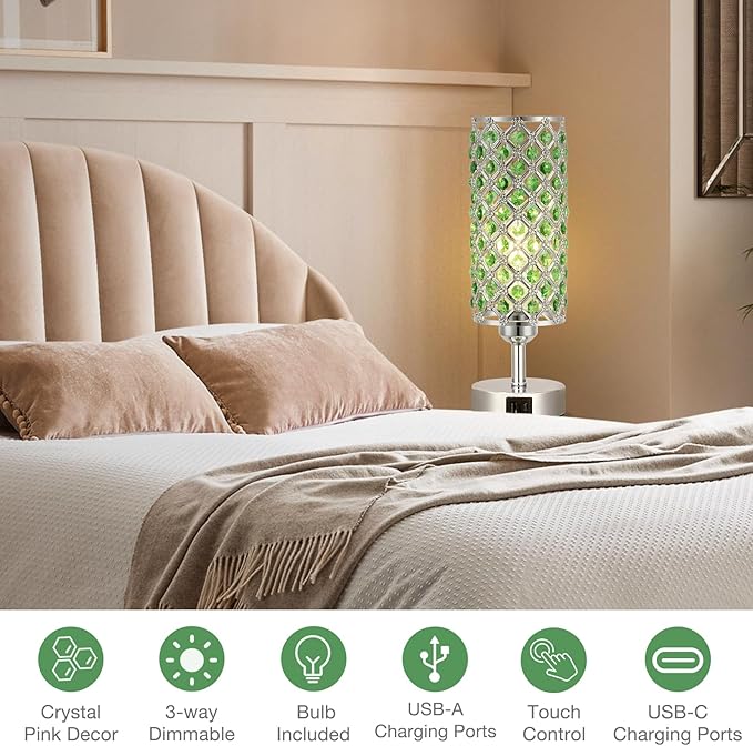 Hong-in Green Crystal Table Lamp - 3-Way Dimmable Touch Control, Bedside Lamp with USB C and A Ports, Nightstand Light for Living Room, Bedroom, Home Office (Bulb Included)