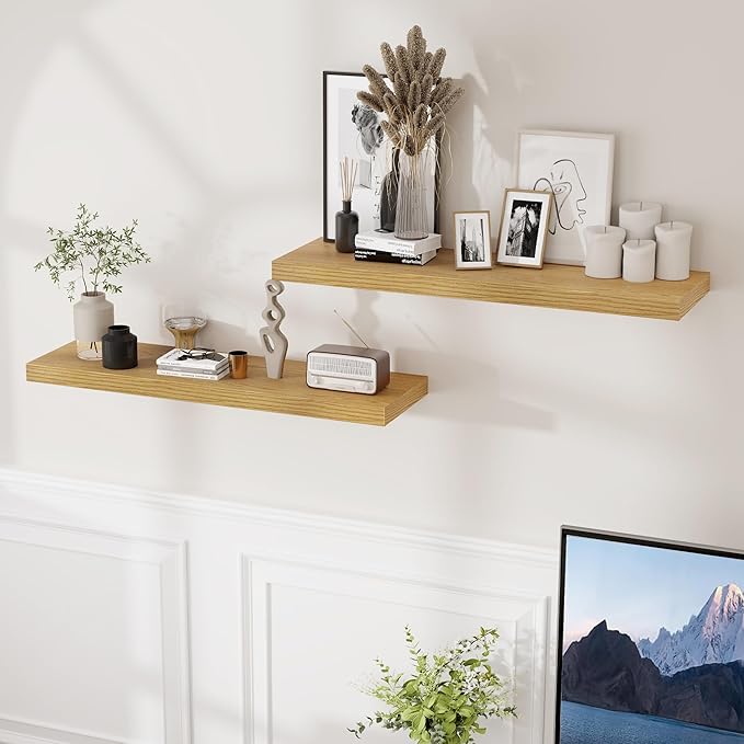 Fun Memories Floating Shelves for Wall, 36 x 9.3 Large Floating Shelf Wall Mounted Set of 2, Rustic Wood Shelves for Bathroom, Kitchen, Living, Heavy-Duty Storage Deep Shelf for Books, Decor, Oak