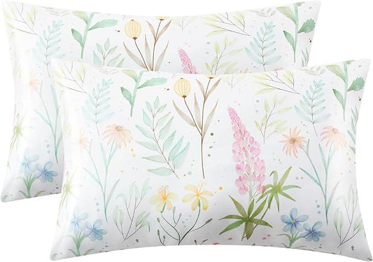 EXQ Home Satin Pillowcase for Hair and Skin- Multicolor Printed Flower Silk Pillowcase 2 Pack 20x26 inches - Standard Size Pillow Cases with Envelope Closure, Gifts for Women