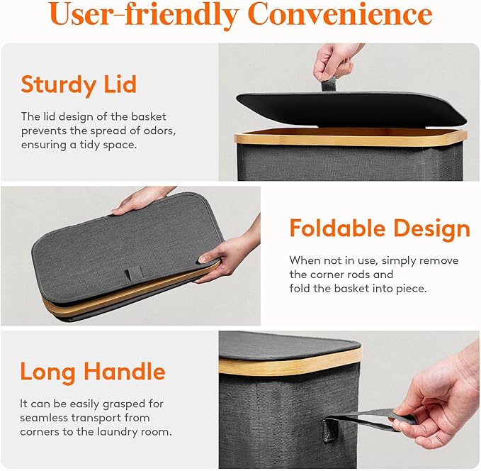 Lifewit 75L Slim Laundry Hamper with Lid, Narrow Laundry Basket with Removable Bag & Bamboo Handles, Fodable Thin Dirty Clothes Hamper for Laundry Collapsible Bin for Bathroom Bedroom Dorm, Dark Gray