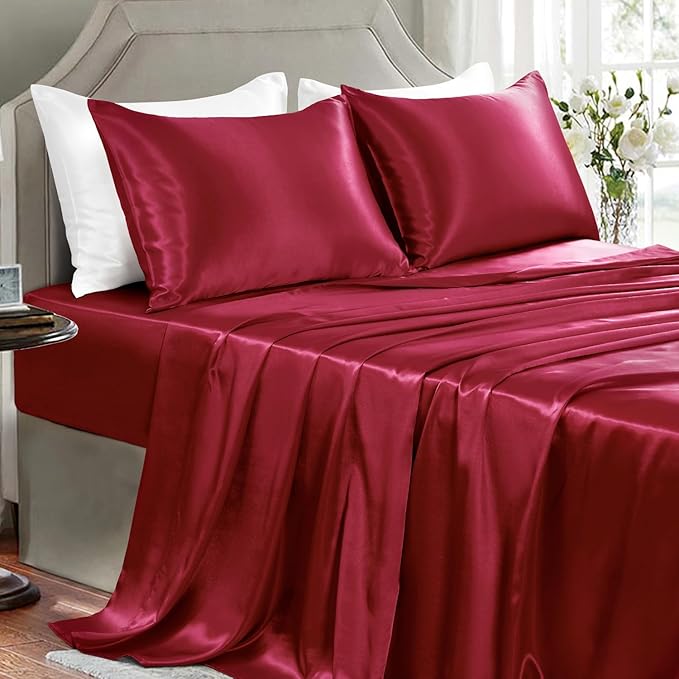 Satin Sheets California King Size - 4 Pieces Luxury Silky Soft Bed Sheets, Wrinkle-Free Burgundy Satin Silk Sheet Set with 1 Deep Pocket Fitted Sheet, 1 Flat Sheet, 2 Pillow Cases