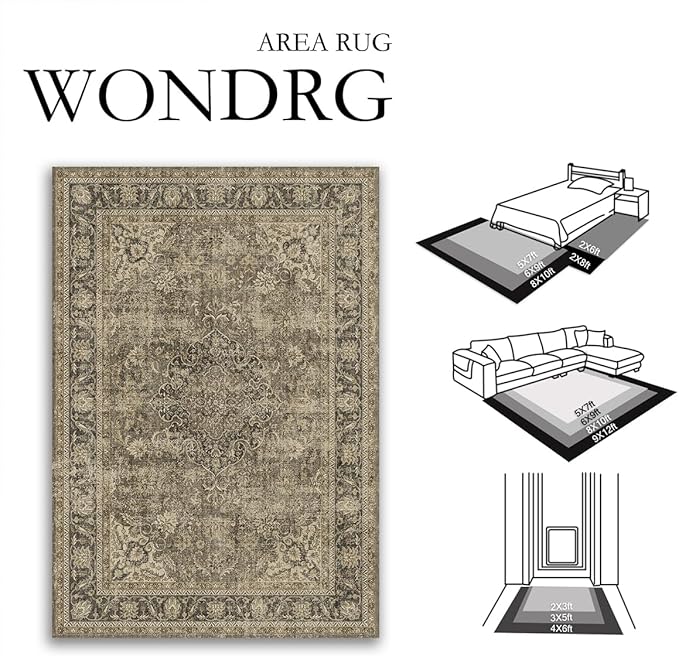 2x10 Washable Brown Runner Rug Vintage Hallway Kitchen Carpet Non-Slip Soft Low Pile Distressed Throw Rug for Bedroom Bathroom Laundry Living Room