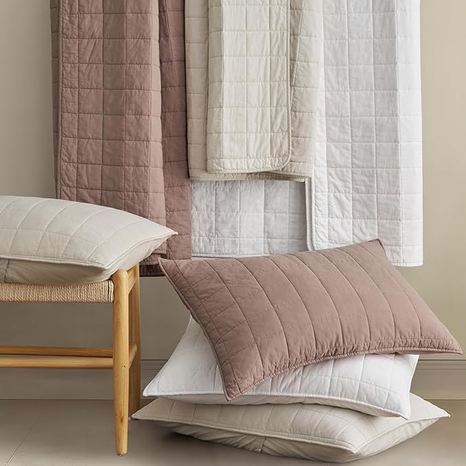 EVERGRACEHOME 100% Cotton Box Stitch Quilt Bedding Set Queen Size 3 Pieces, Garment-Washed Lightweight Soft Cozy Coverlet, Quilted Bedspread Sets with 2 Shams for All Season, Bright White