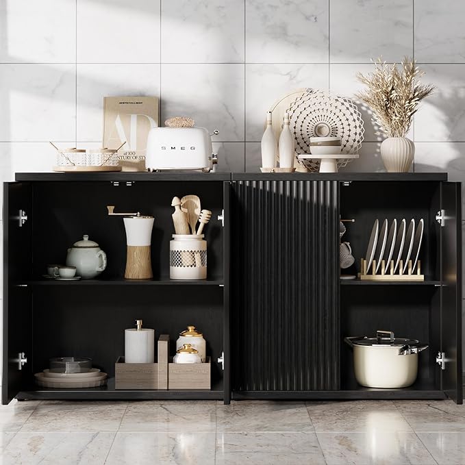 Fluted Buffet Cabinet Sideboard with Storage,Wooden Credenza with 2 Doors&Adjustable Shelve, Modern Accent Cabinets Coffee Bar Bookcase for Living Room,Kitchen Dining Room Entryway 15"D Black