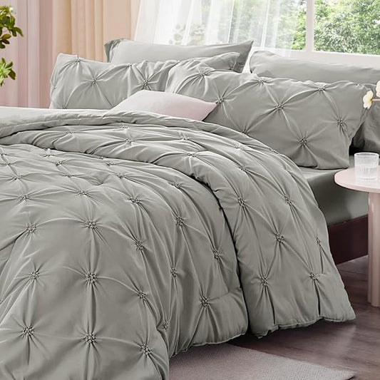 BEDELITE Grey Twin Comforter Set - 2 Peices Boho Pintuck Bedding Comforter Sets, Lightweight Soft & Warm Twin Bedding Sets with 1 Pillowcase for All Season