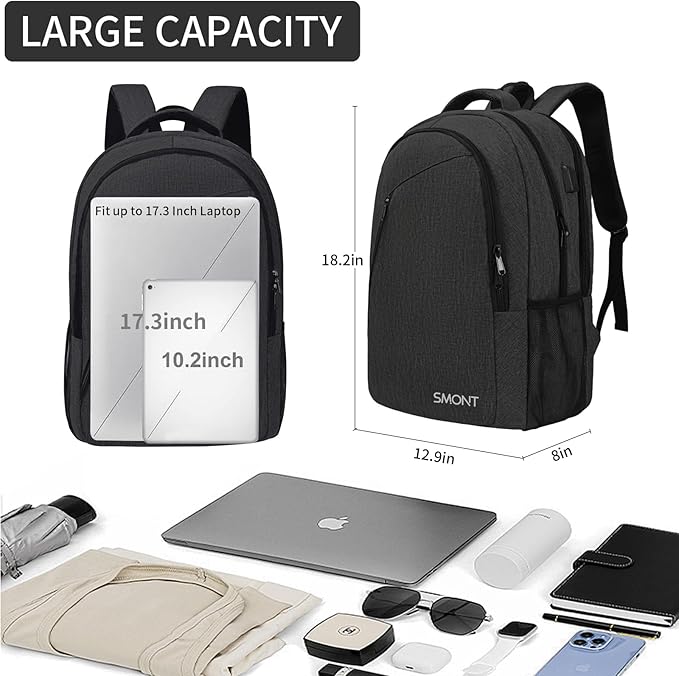 SMONT 17 Inch Large Laptop Backpack for Men, Mens Business Bookbag for Computer Office Tech Commuter Work with USB Charging Port Anti Theft Water Resistant Dark Grey