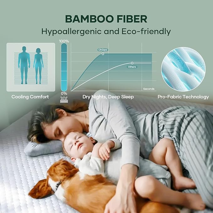 OhGeni 100% Waterproof Mattress Protector,Full Size Mattress Soft Pad,Pet Hair & Bedwetting Resistant,Cooling Breathable Fitted Sheets,Washable Bed Cover,Non-Slip Deep Pocket,Noiseless for Guest Rooms