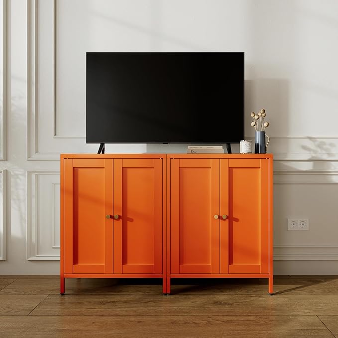 31.5"H Orange Metal Cabinet,Small Bathroom Storage Cabinet,Bathroom Floor Storage Cabinets,Small sideboard with 2 Adjustable Shelves & 2 Doors,Metal Kitchen Storage Cabinet for Hallway,Home Office