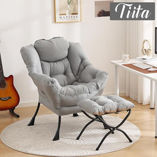 Tiita Lazy Chair with Ottoman, Modern Large Accent Lounge Armchair, Comfy Leisure Sofa Reading Chair with Footrest for Bedroom, Living Room, Dorm Rooms, Garden and Courtyard, Light Grey