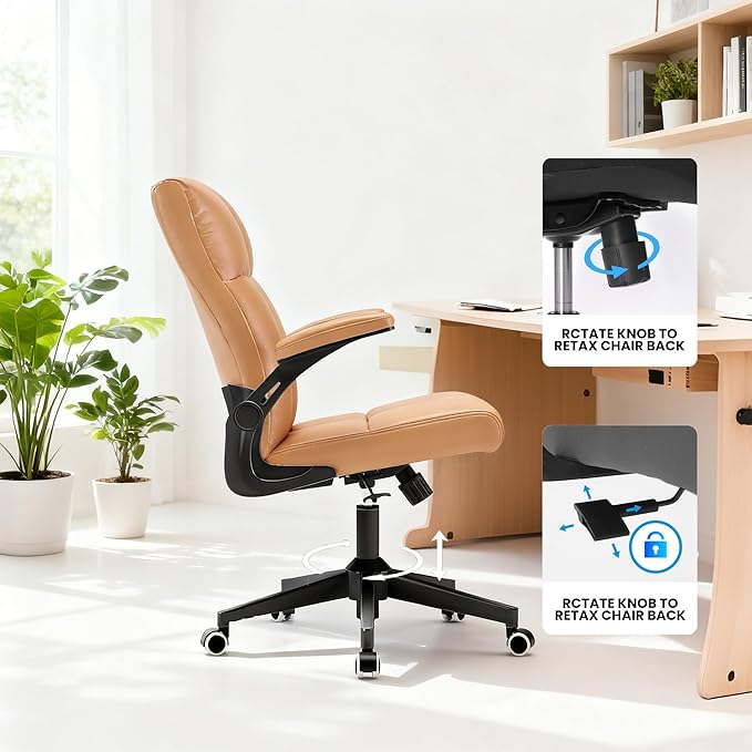 Ergonomic Home Office Desk Chair with Space Saving Flip-Up Arms, 360° Swivel & Reclining Back, Executive Chair in Soft Faux Leather Chair Multi-Angle from 90° to 135° with 450LBS Capacity(Brown)
