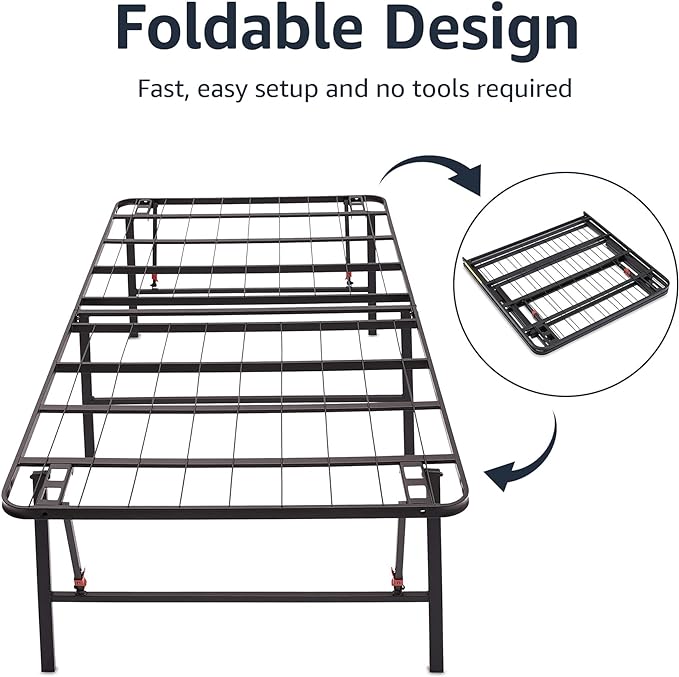 Amazon Basics Bed Frame with Storage, Foldable Metal Platform, Sturdy Steel, No Box Spring Needed, 18 Inches High, Tool-Free Setup, Queen Size, Black