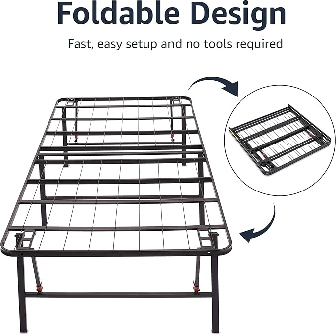 Amazon Basics Bed Frame with Storage, Foldable Metal Platform, Sturdy Steel, No Box Spring Needed, 18 Inches High, Tool-Free Setup, King Size, Black